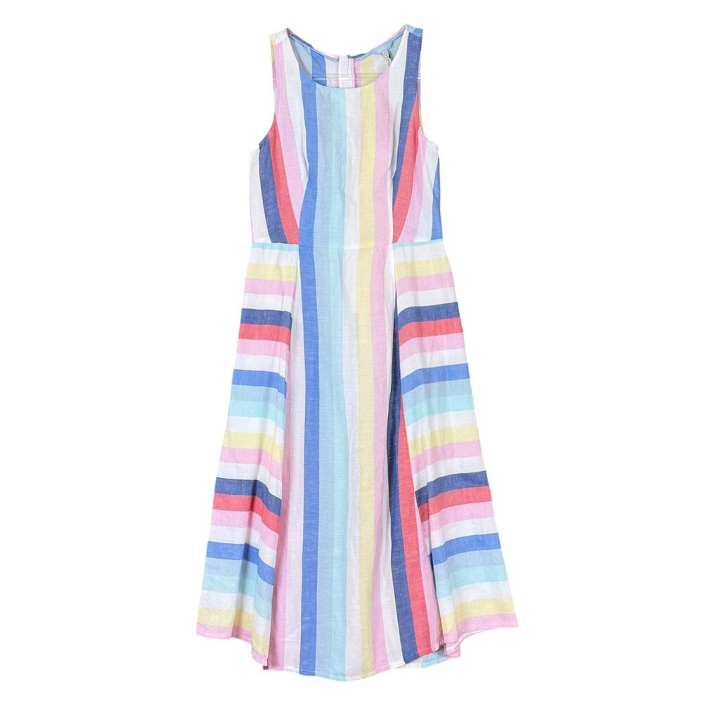 Joules Chrissie Dress 4 Midi Sleeveless Multicolor Stripe Linen Blend Coastal
